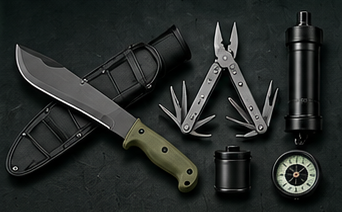 Field knives, multi-tools, flashlight and compass