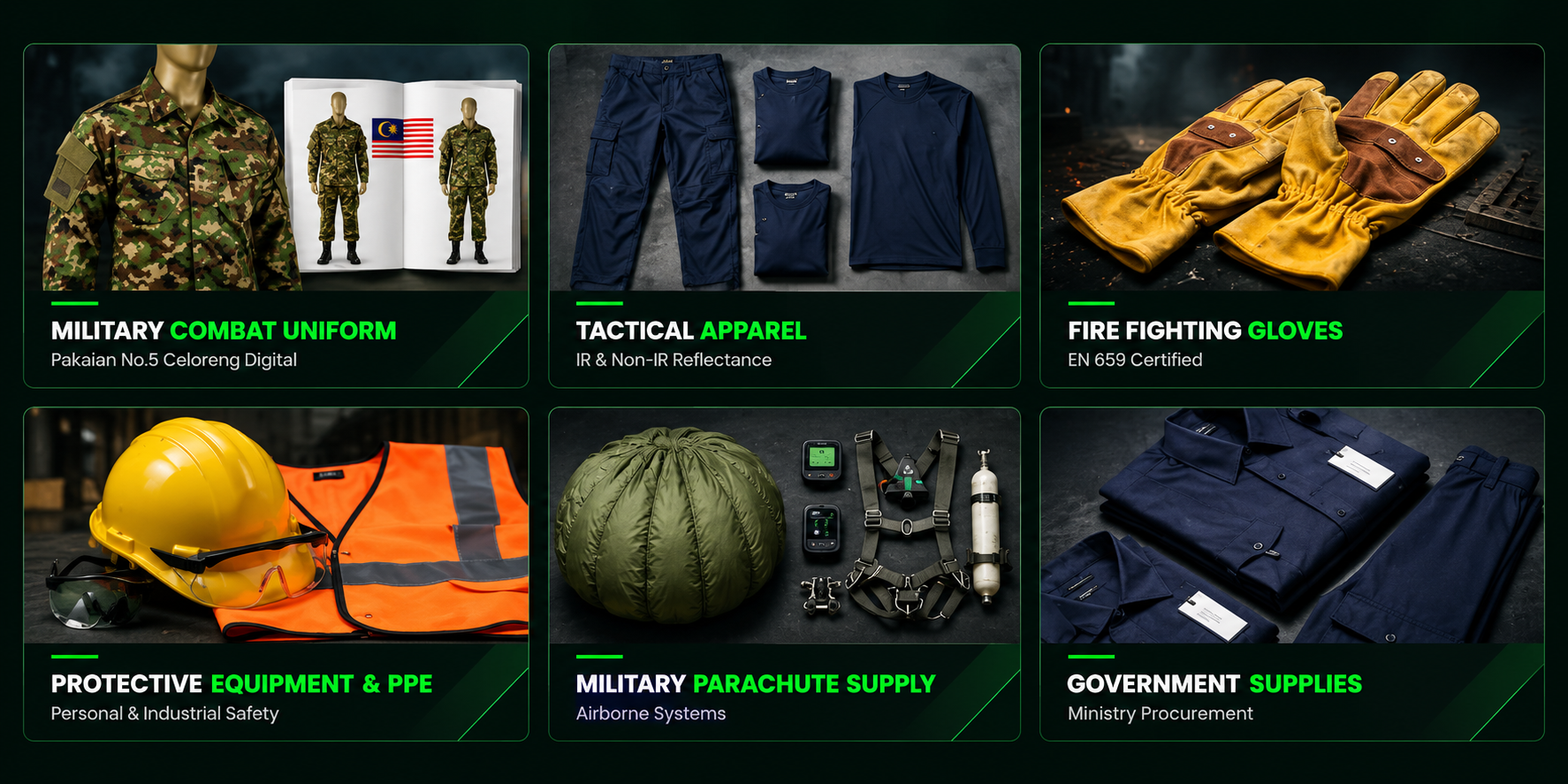 Product portfolio featuring Military Combat Uniforms, Tactical Apparel, Fire Fighting Gloves, Protective Equipment and PPE, Military Parachute Supply, and Government Supplies