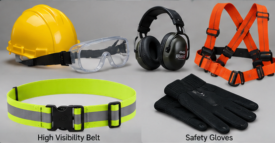 Safety helmet, goggles, hearing protection, reflective harness, high visibility belt and safety gloves