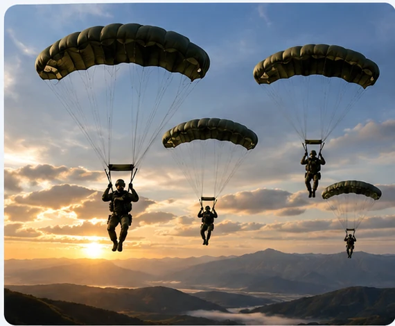 Military personnel descending under parachutes