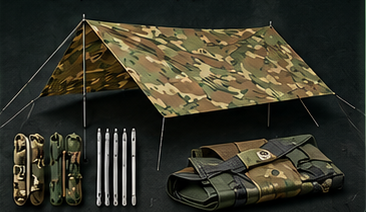 Camouflage tents, tarps and folding field equipment