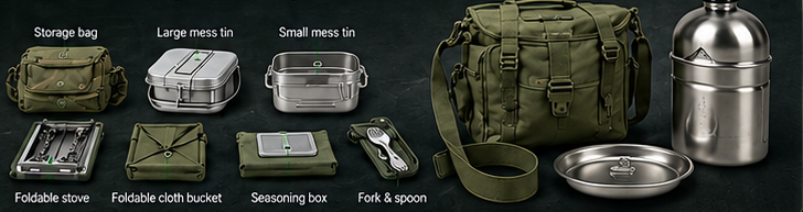 Field cookware: storage bag, mess tins, foldable stove, cloth bucket, seasoning box, fork and spoon
