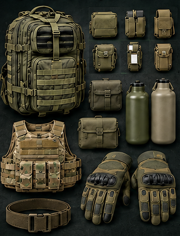 Tactical backpacks, pouches, vests, gloves, belts and hydration bottles