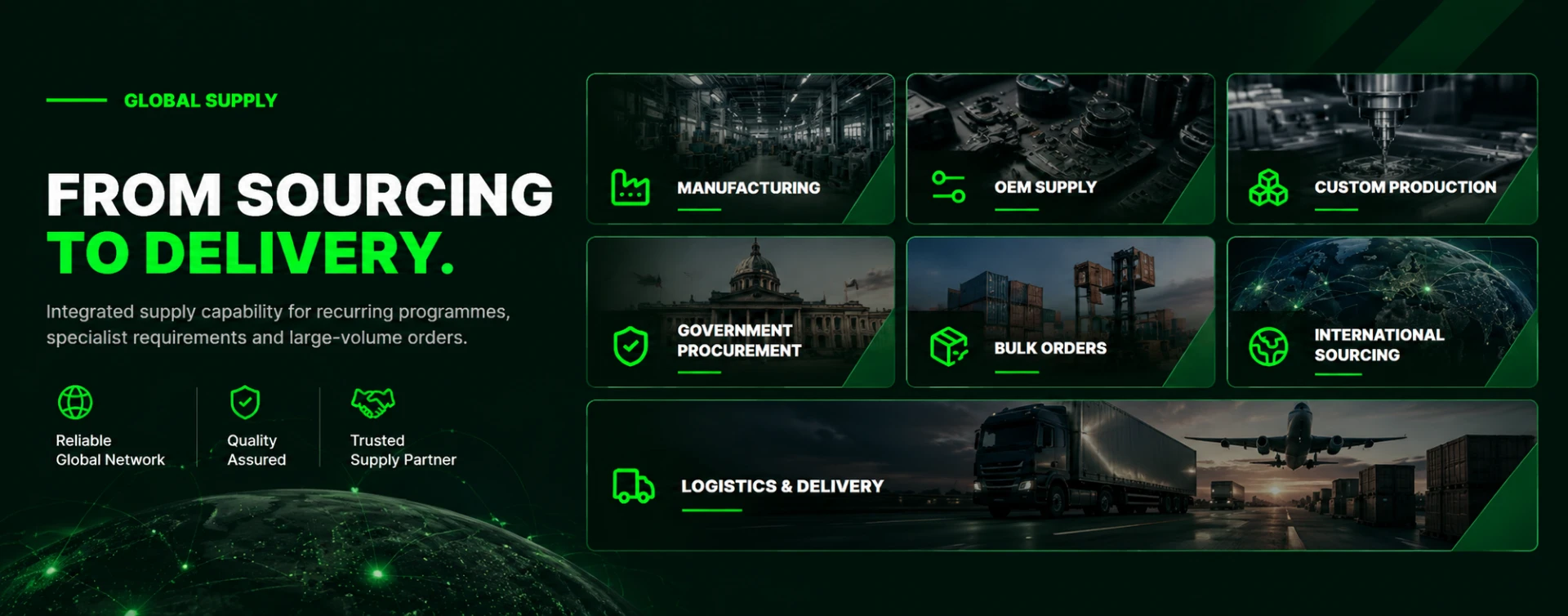 Global Supply from sourcing to delivery, including manufacturing, OEM supply, custom production, government procurement, bulk orders, international sourcing, logistics and delivery
