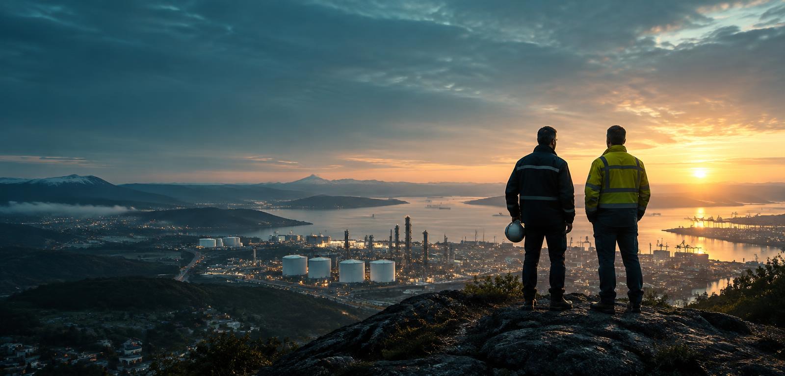 Partners overlooking a global industrial port